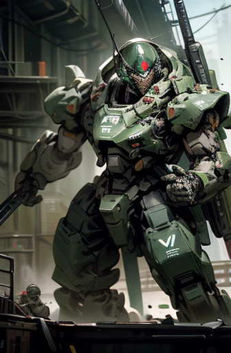 military robot,meca,droid,heaby armor massive,human_not,anime style,holding_beamrifle,masterpiece,best quality,super detailed,super fine illustration,8k,industry meca design,green color,giant size.Break in battlefield,detailed background,Break the robot conflict with enemy.