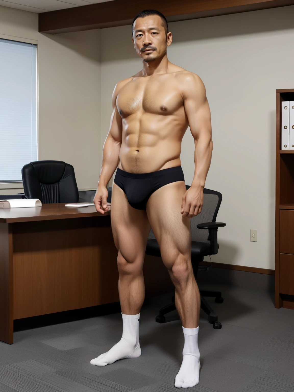 40 years old,Hidetoshi Nakata,(Kogoro Mori 1.3),whole body,Lean,muscle,office,Black socks,foot,Standing,Baldhead ,transparent,Thick body hair,underwear,Topless,Densely hairy,Fortitude,HD,With a mustache