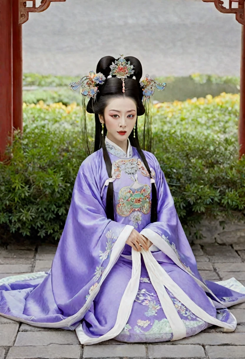 Qing Dynasty Empress in Chinese Imperial Court Playing with her pubic hair Qing Dynasty Empress Chinese Empress Wearing a Large Crown Her hair is decorated with a large flower and a large crown
Her hair is tied up and pulled up. The background is the stone paving outside the Qing Dynasty.