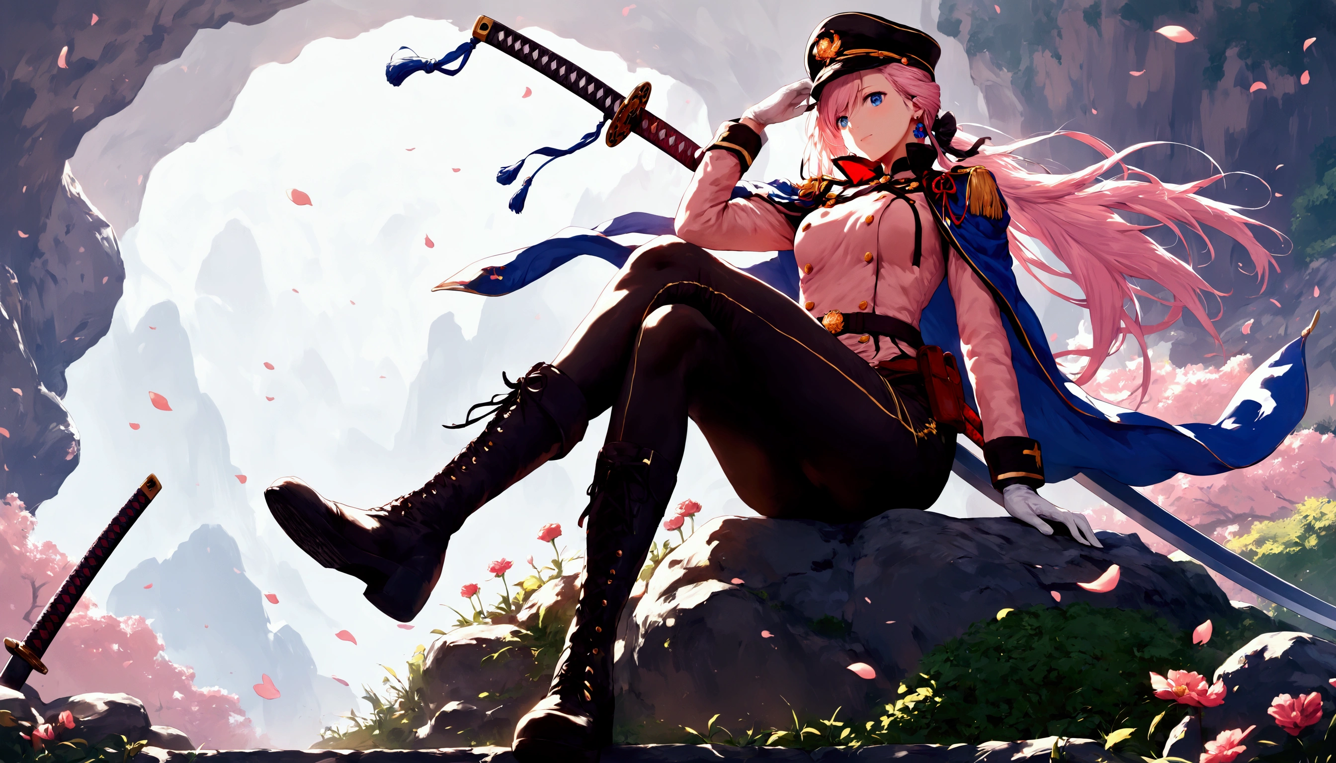 (hero neisan art style:0.7), (hews art style:0.7), score_9, score_8_up, score_7_up, score_6_up, score_5_up, score_4_up, uncensored, miyamoto musashi, pink hair, earrings, ponytail, blue eyes, BREAK (masterpiece:1.2), best quality, high resolution, (detailed eyes:1.3), perfect lighting, (perfect hands, perfect anatomy), 1girl, hat, jacket, full body, weapon, boots, falling petals, sakura, wall, rock, plant, flower, spotlight, wood, belt, pants, sword, white gloves, cape, black footwear, uniform, military, black headwear, military uniform, buttons, black pants, knee boots, crossed legs, katana, sheath, peaked cap, sheathed, military hat, upper body,