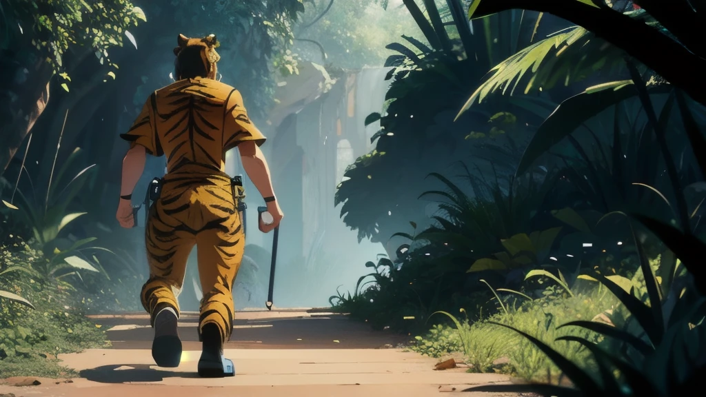 A sad looking tiger, walking through the sad jungle, decaido, tristeza en una selva un renderizado de baja poli inspirado en animated film, A tiger , in the style of Disney animation, animated film.