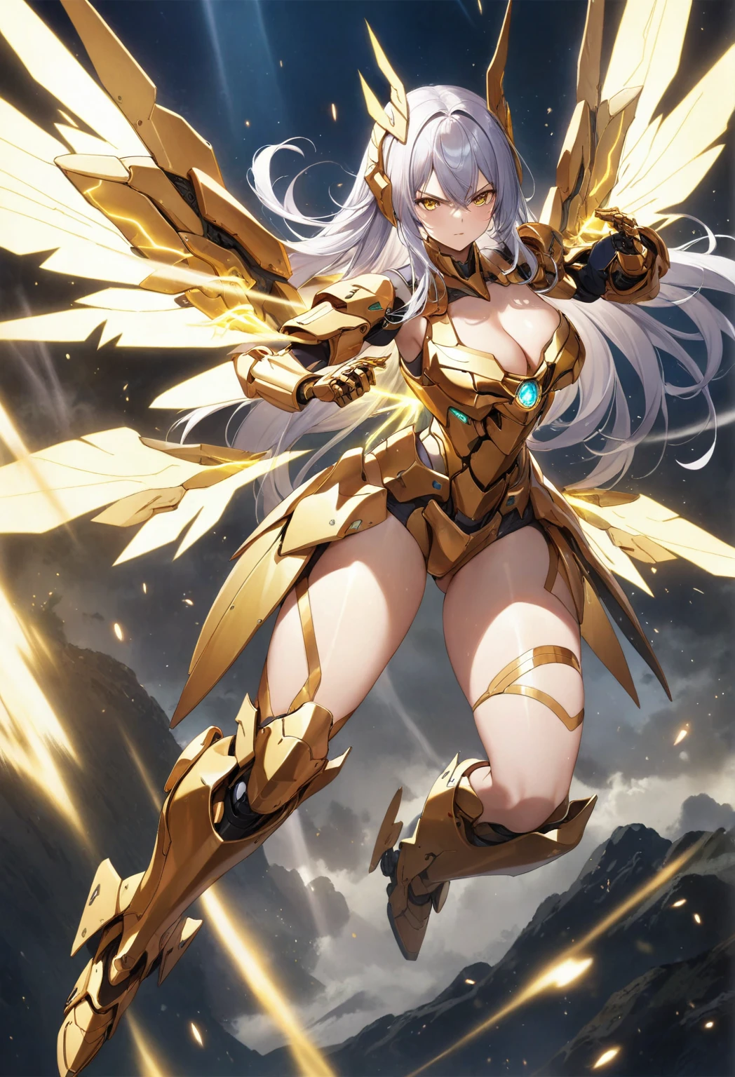 score_9_up, score_8_up, score_7_up, source_anime,masterpiece, best quality, high resolution, extremely detailed CG, absurdres, highres, 1girl, solo, a mecha girl in golden armor with glowing mecha_wings fights at battlefield, ((body surrounded by yellow Battle Aura and lighting)), wings of light, long hair, white_hair, glaring, cleavage, thighs, off-shoulder, (((Shining Armor, glittering Armor))),((mecha wings)), headgear, flying, blue sky, full body, from below, Futuristic, ((aura,Battle Aura, lighting), supersaiyanaura