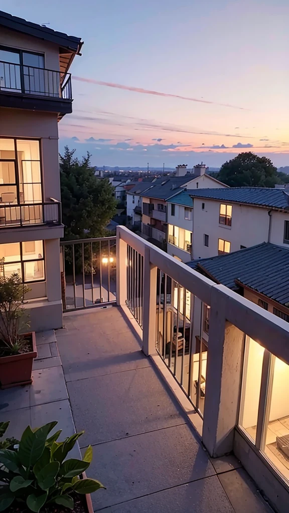 City Skyline
- Sunset sky
- Pink clouds
- Pink chairs on balcony
- Plants in place