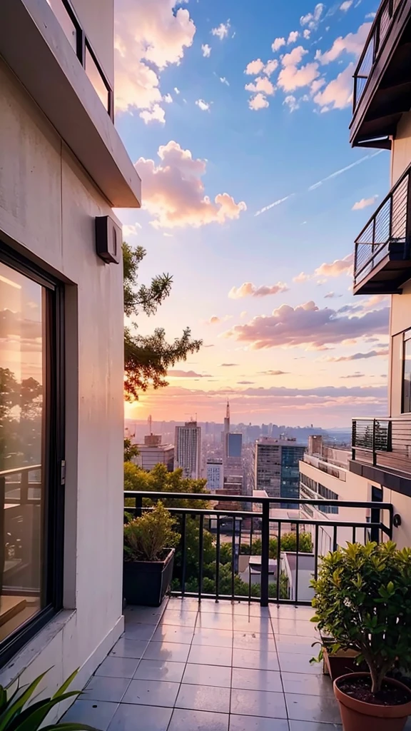 City Skyline
 - Sunset sky
 - Pink clouds
 - Pink chairs on balcony
 - Plants in place
