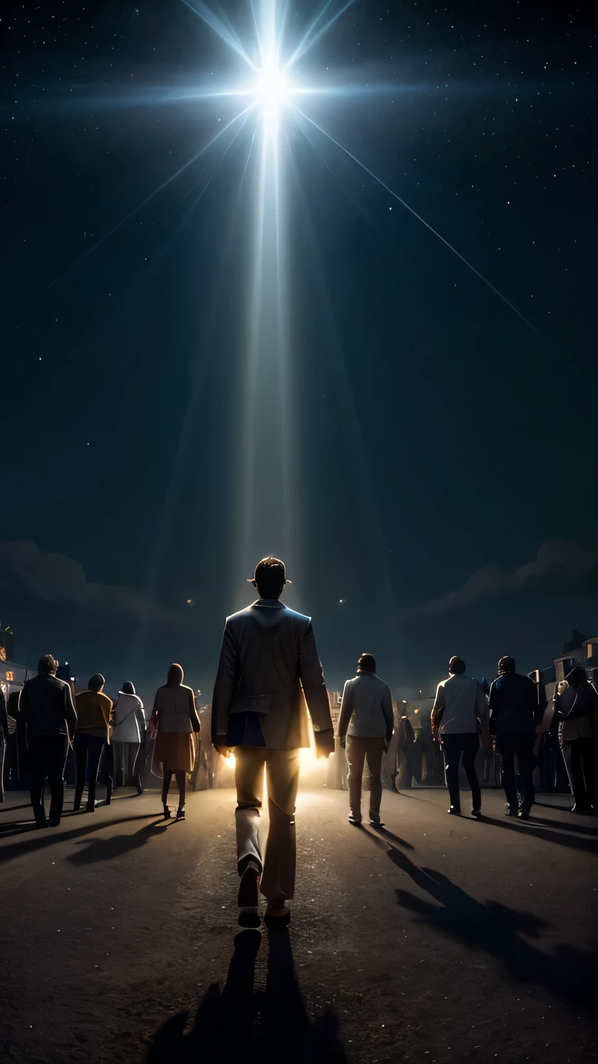 a shining man followed by a light coming from the sky in the middle of several people who are in darkness. These people move away from him as he approaches them. Disney Pixar.