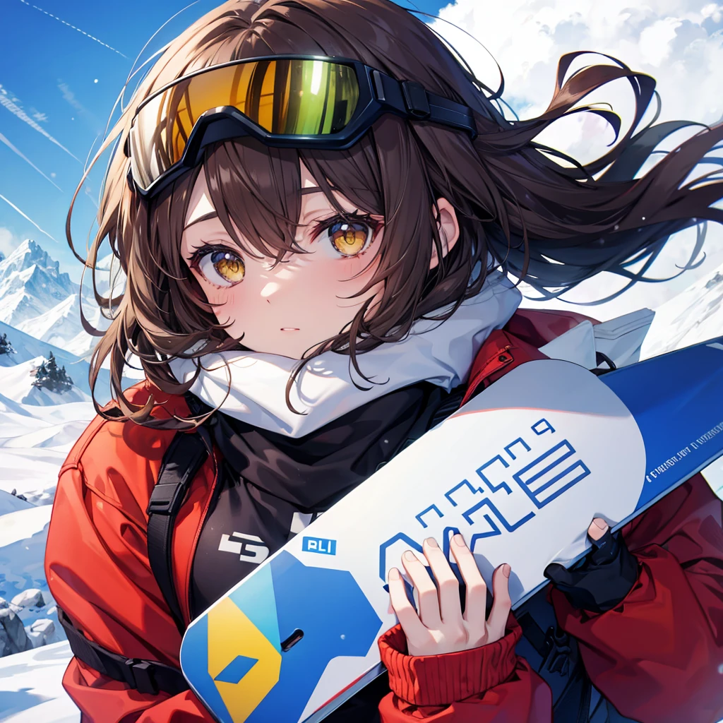 One woman((Snowboarder,winterの厚着)) background,(winter,Ski resort,Snow Mountain) Jumper,Protective goggles,Snowboarding woman,(Brown Hair,Yellow Eyes,Super Shine) Anime Style,Wind blowing low angle