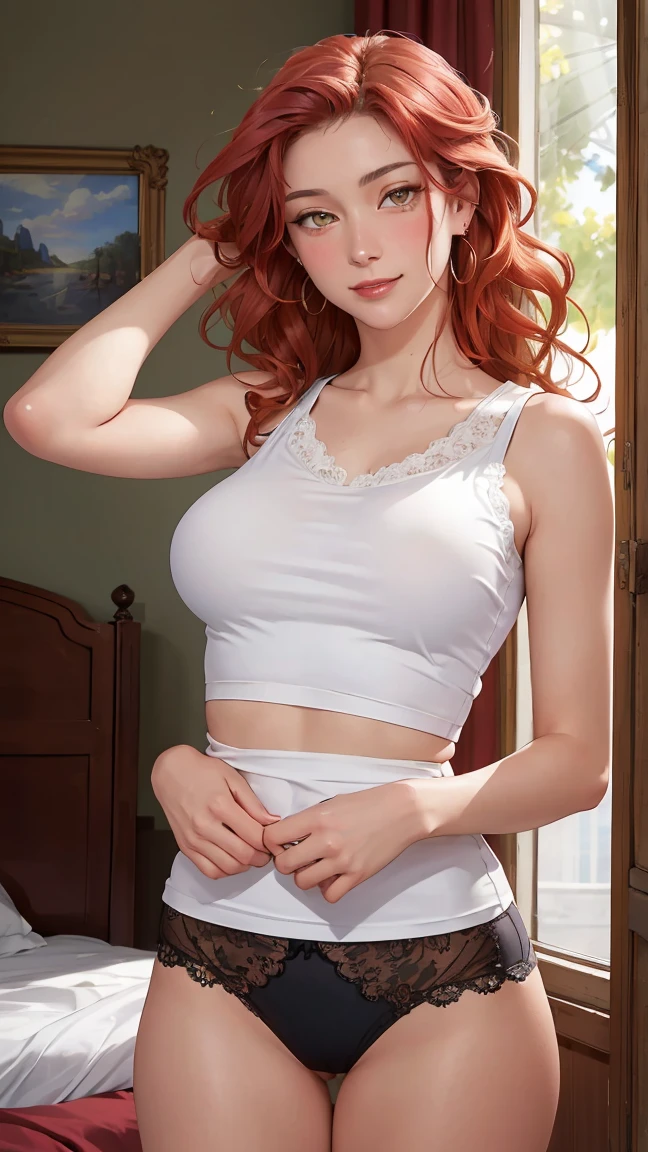 ((((masterpiece, best quality, high resolution)))), Extremely detailed 8K, Beautiful girl with voluptuous body, (Ultra HD, Ultra-detailed, Highly detailed, Highly realistic, Ultra-realistic, photograph realistic), (1girl:1.5), (Realistic red hair), (long wavy hair, hair ornaments, earrings), (dynamic poses), facing at camera, looking at viewer, (blushing red, embarrassed, smile), (hazel eyes, sharp eyes), (big perky breasts:1.2), (beautiful detailed face, beautiful detailed eyes), ((translucent lace camisole, lace panties)), (standing up), sweat, glow, (sunbeam, sunlight), ((cowboy shot)), bedroom, seductive
