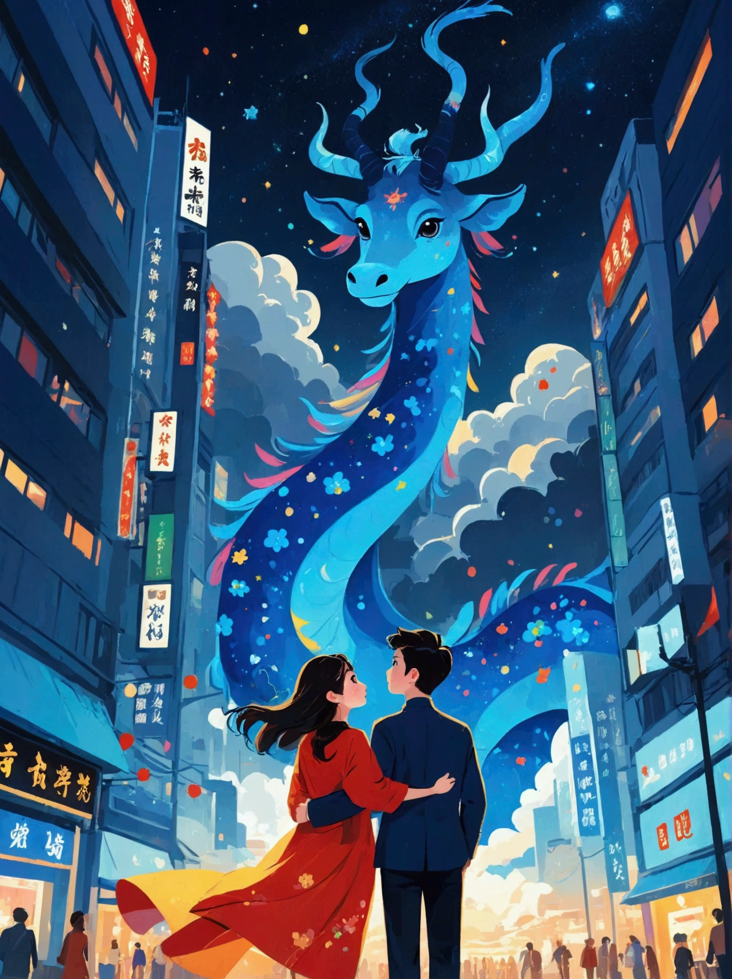 (8k,Bright colors,Bright,Ultra high saturation,rgb, Colorful), Cartoon, Character Design, Surreal photos,Matt Boles' comics,Simple,clean,soft,Exquisite,Summer Night,The deep blue sky is dotted with stars,A couple taking photos close up,Many pedestrians around,The background is the city landmark Beijing,full of romantic atmosphere,Detailed clouds and sky,Sense of space,White space,interesting,Innocence,Psychedelic Art,可爱的Q版Cartoon风格,Simple的背景,Colorful illustrations, Bright colors, Full body image, HD, High-resolution images in a Q-version style, Vector illustration, vivid color, Colorful whimsy, Angle from above, Chinese traditional minimalism