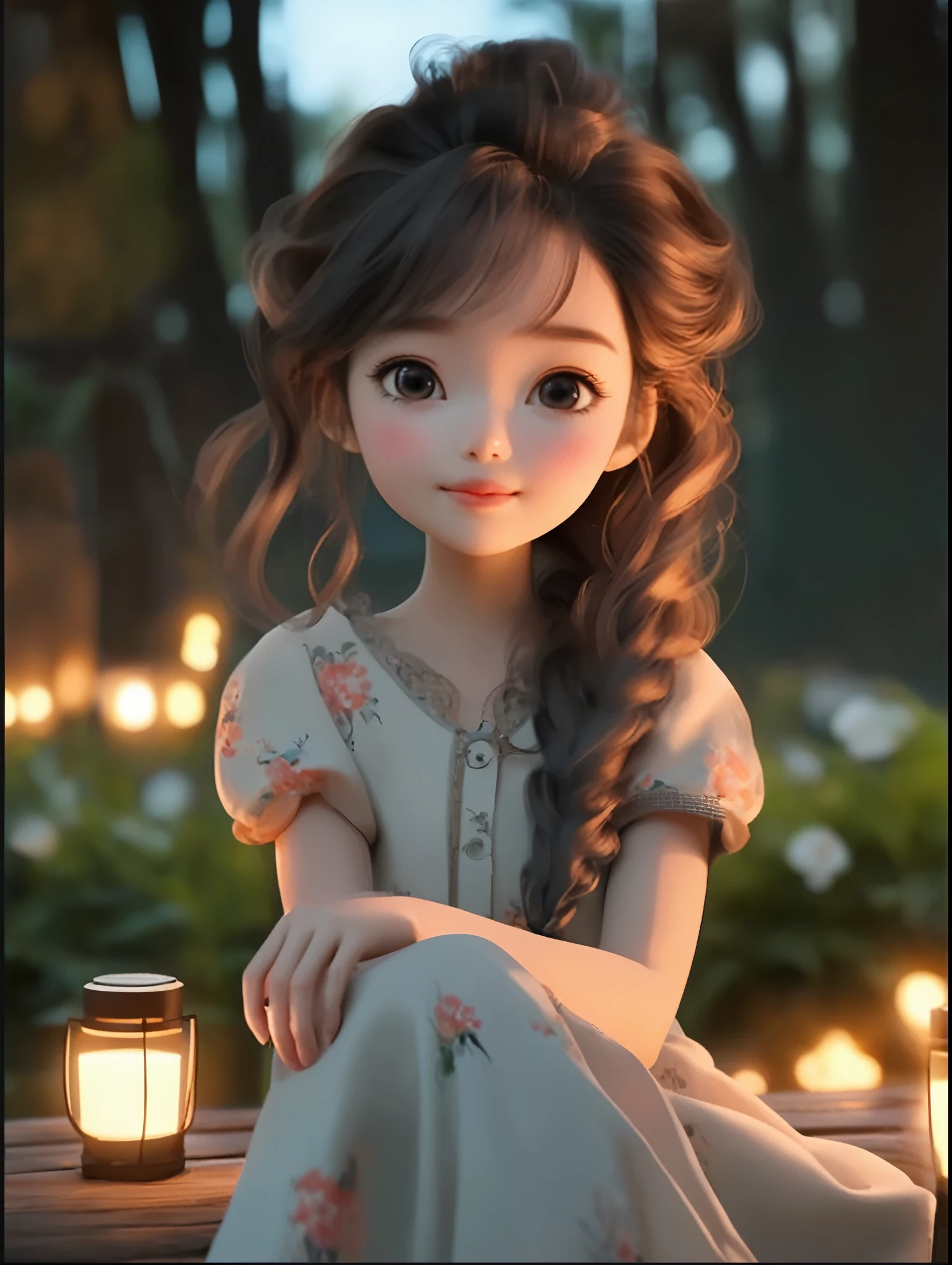 A long-haired girl sitting on a bench,Holding a cup in hand, charming细致的数字艺术, charming的数字艺术, charming卡通 character, charming的肖像, charming卡通, charming的角色, Soft portrait shots 8 k, charming的数字, charming的 3d 渲染, charming, charming的动漫女孩, charming美丽, Beautiful soft lighting, charming, charming的卡哇伊女孩