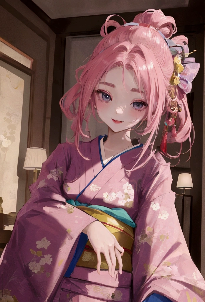 Create a masterpiece with an ultra-high definition television displaying a movie-like scene. The resolution should be 8K, capturing the smallest details of the skin texture. The scene features a young woman with a perfect figure, around 20 years old, wearing sophisticated adult clothing (not a kimono) in a Chicago-style home. Her hair is pink, and she is looking directly at the camera. The focus should be on her face, capturing a wide smile with a hint of shyness, rosy cheeks, and gleaming, beautiful eyes with thin eyebrows. Emphasize her large chest.