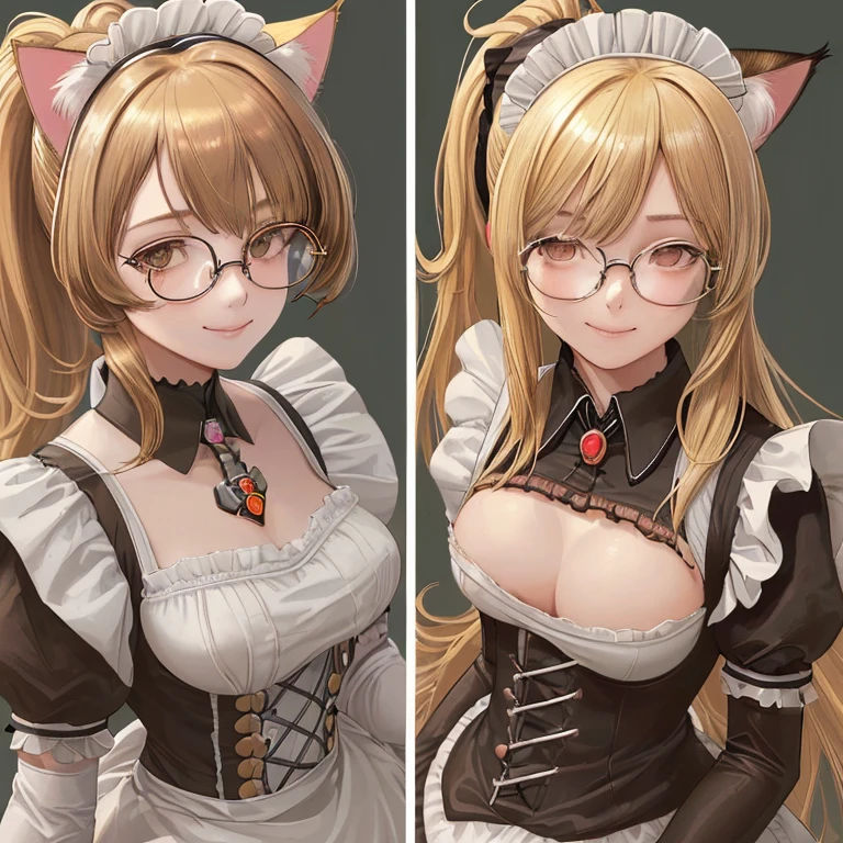 High resolution, Exposed breasts, bangs, Blonde, Brown Hair, ponytail, Cat ear, Maid Head Accessories, Dutch Angle, Anatomically correct, Highest quality, High resolution, masterpiece, accurate, High detail, Ultra high definition, Bangs, smile, Character portrait, Setting diagram, Wear glasses, Half-rim glasses, Sportswear, Maid clothes, Mecha Armament,