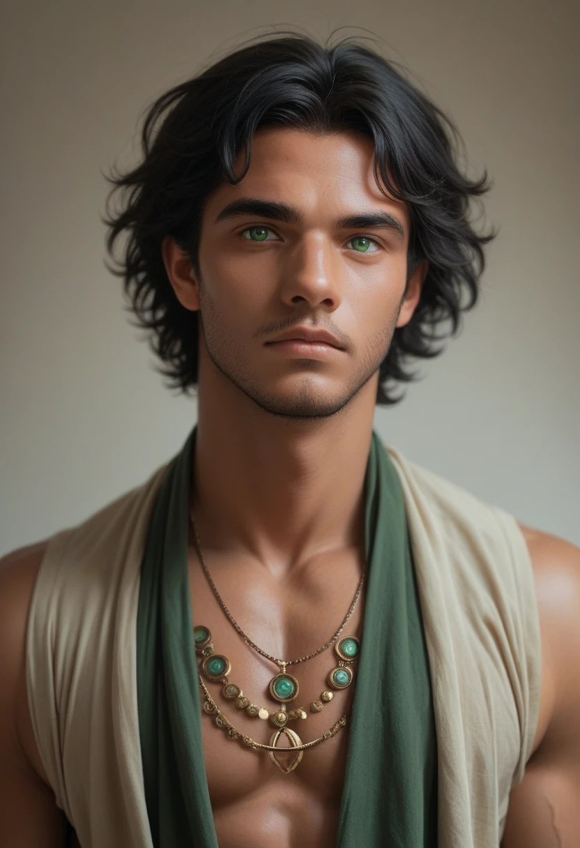 Black man wearing capoeira clothing, green eyes and black hair