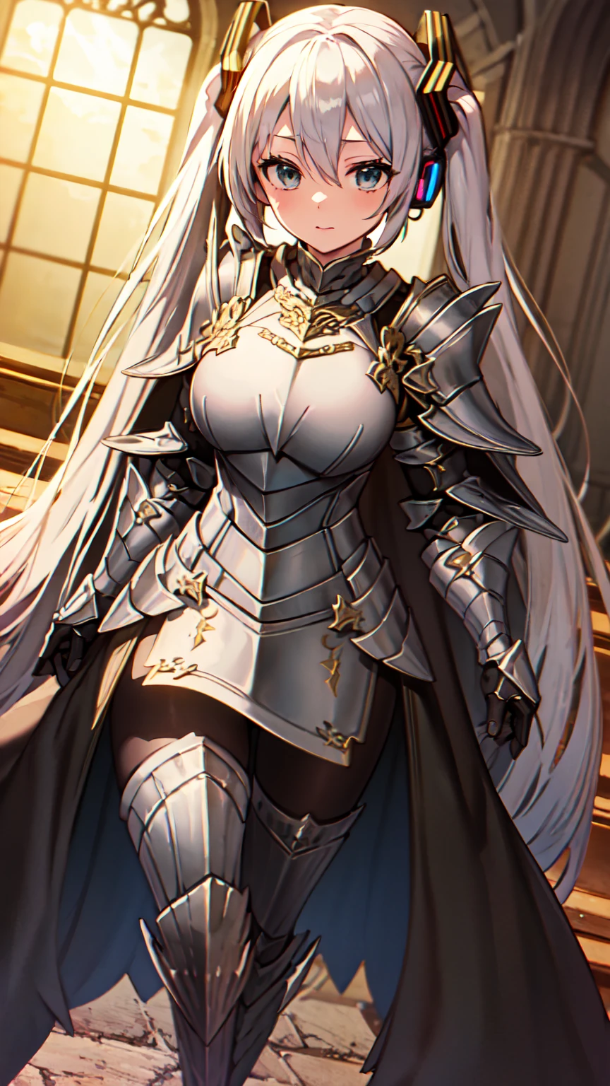 Masterpiece, Best quality, high resolution, Solo, 
1girll, blond hairbl, Yellow eyes, pony tails, Animal ears, Tail, 
Original costume 2, a white long skirt, Armor,  sword, A shield,