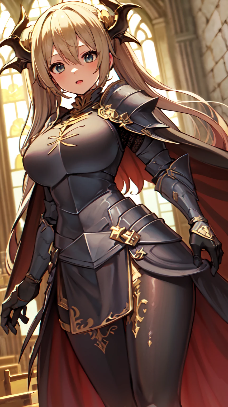 masterpiece, Highest quality, 8K Hatsune Miku VOCALOID, 1 Female, Big Breasts, Equip Cloak, ((Dragon Armor)), {{Full Armor}}, ((knight armor)), ((White and golden armor)), black tights, church