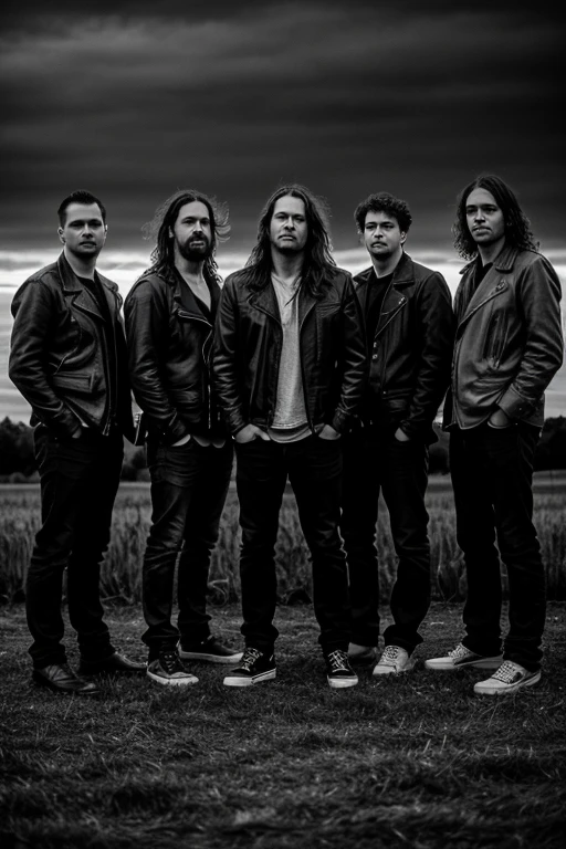 (8k, raw photo, ultra detailed, masterpiece), in a cornfield, film noir style, angry, Violent, Competence, Negotiation, cinematic lighting, shooting with wide angle lens, dark background, bluish gray tone, low key,group photo of 5 men from heavy rock band, 5 man side by side, grunge rock band promotional, 5 members (vocalist, 2 guitar, 1 bass, 1 battery) 