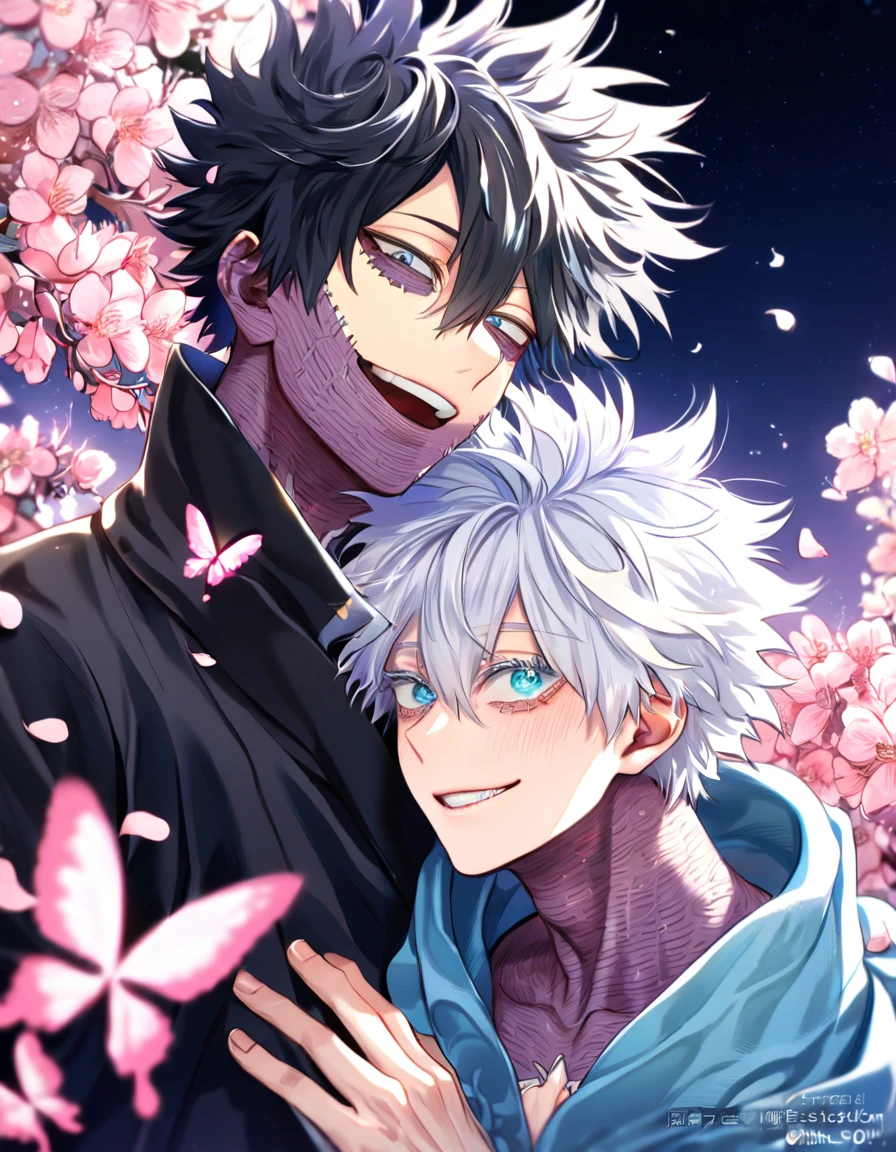absurdres, highres, ultra detailed, HDR, master piece, best quality, extremely detailed face, delicated features, Dabi, black hair, expressive turquoise eyes, Boku No Hero Academia, Gojou Satoru, white hair, expressive blue eyes, white eyelashes, two sexy men together, yaoi, gay couple, handsome, smiling, light-blue jacket with fur, black coat, fantasy, fantasy, magical, radiant, pink butterflies, pink flowers, night sky, shinning pink moon, blossoms