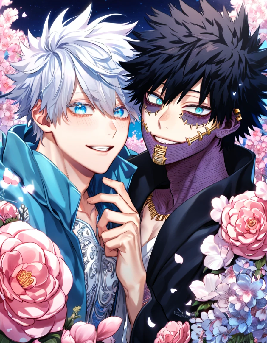 absurdres, highres, ultra detailed, HDR, master piece, best quality, extremely detailed face, delicated features, Dabi, black hair, expressive turquoise eyes, Boku No Hero Academia, Gojou Satoru, white hair, expressive blue eyes, white eyelashes, two sexy men together, yaoi, gay couple, handsome, smiling, light-blue jacket with fur, black coat, fantasy, fantasy, magical, radiant, pink butterflies, pink flowers, night sky, shinning pink moon, blossoms