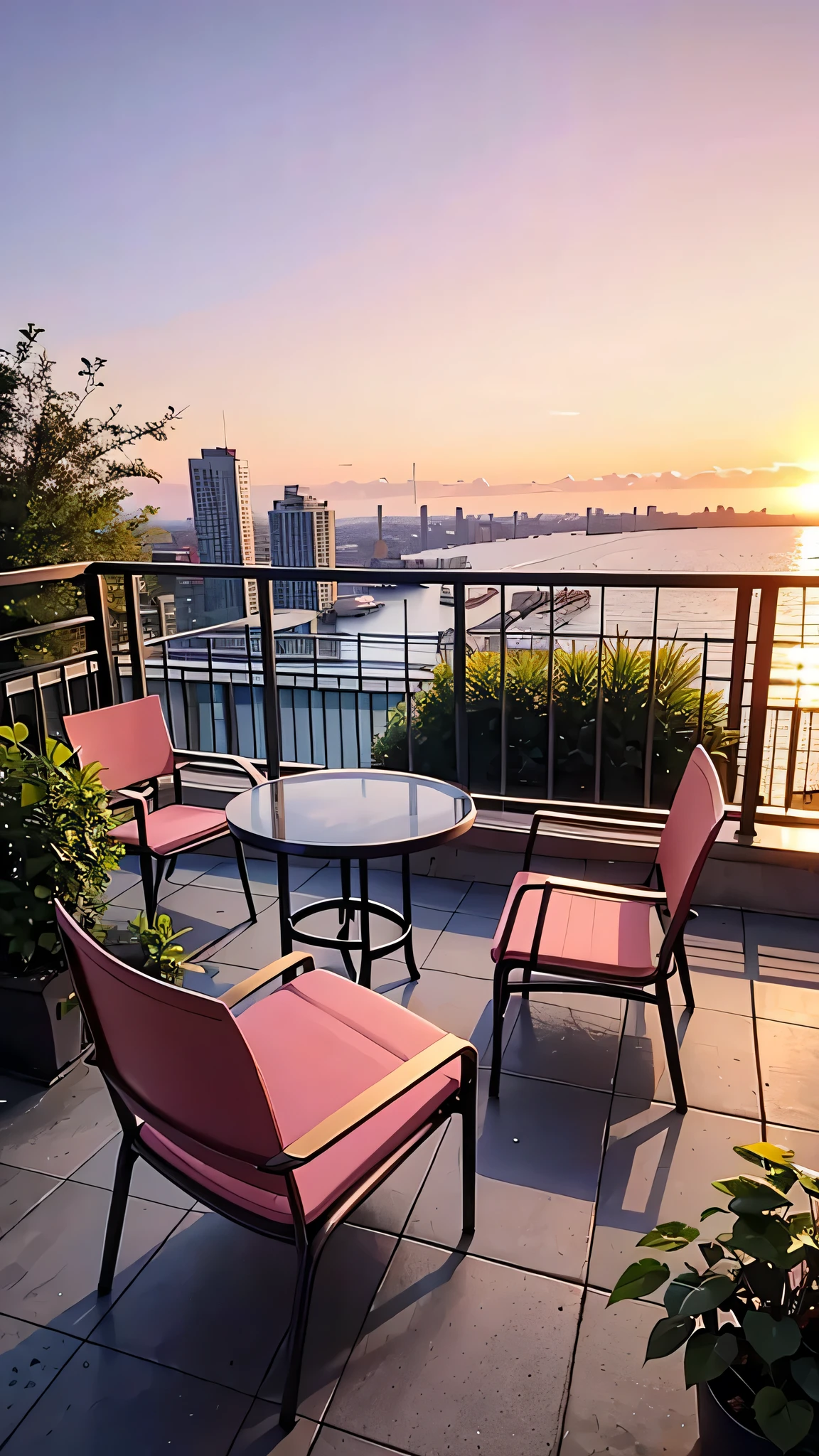 City Skyline
- Sunset sky
- Pink clouds
- Pink chairs on balcony
- Plants in place