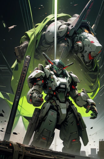 military robot,meca,droid,heaby armor massive,human_not,anime style,holding_beamrifle,masterpiece,best quality,super detailed,super fine illustration,8k,industry meca design,green color,giant size.Break in battlefield,煙,detailed background,Break the robot conflict with enemy.