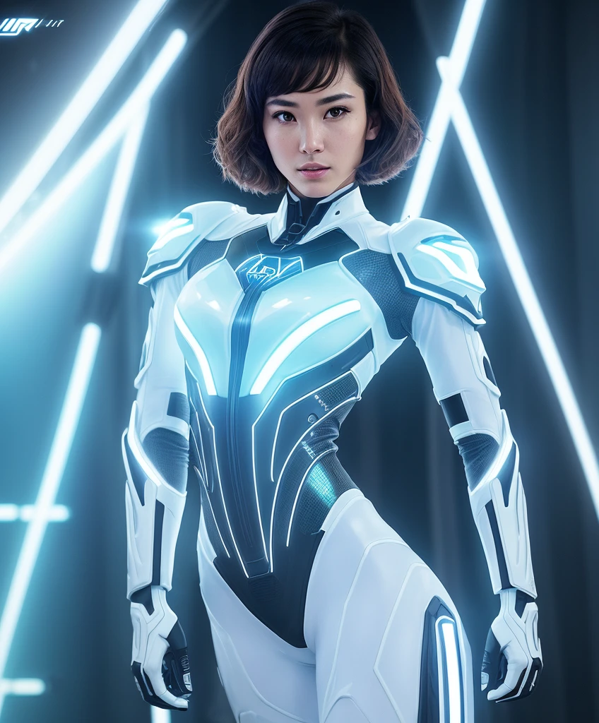 Christina Chong beautiful face, narrowed eyes. smirk. black braided hair, Biomechanics Skinny Female Semi-Cyborg、(full body Esbian)、(Wear(semi transparent:1.2)Organza|With silicone skin|Iron Detail|Iron Cyborg Skeleton Body)、a closeup、(Highly detailed spacecraft|nffsw)environment、(Magnificent magnificent composition|dynamicposes)、depth of fieldedium shot、((Warm light:1.4)|(Rim Lights:1.5) )、Cinematic、(ighly detailed|Maximum clarity and sharpnesobius-inspired design, Immersive virtual reality environments.Movie Tron、moebius、Syd Mead、Kevin Flynn、tron(1982,movie),Pure white suit covering the whole body、Movie Tron Helmet、Electronic circuit pattern、Cindy Morgan、Lola、Short-cut hairstyles、Immaculate helmet、Neon pattern on helmet、Tron Design、Pure white smooth full-body suit、Tron suit imitating electronic circuits in white and blue tones、The background is、It is a neon pattern of a complex electronic circuit emitted in green., Red, Orange light instead of pink、The white suit is、It is a line state pattern of the design of a blue electronic circuit that emits light、The white suit does not reflect the background color very well、 pose is、Strongly evoked by the atmosphere of the 1982 film Tron.、The pale white suit covering the whole body emphasizes the lines of the design that mimics electronic circuits that emit blue light.、