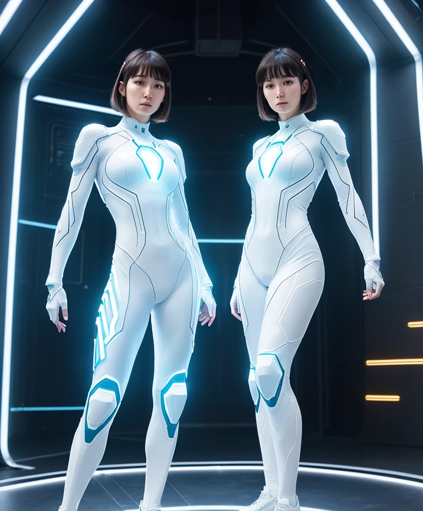 Christina Chong beautiful face, narrowed eyes. smirk. black braided hair, Biomechanics Skinny Female Semi-Cyborg、(full body Esbian)、(Wear(semi transparent:1.2)Organza|With silicone skin|Iron Detail|Iron Cyborg Skeleton Body)、a closeup、(Highly detailed spacecraft|nffsw)environment、(Magnificent magnificent composition|dynamicposes)、depth of fieldedium shot、((Warm light:1.4)|(Rim Lights:1.5) )、Cinematic、(ighly detailed|Maximum clarity and sharpnesobius-inspired design, Immersive virtual reality environments.Movie Tron、moebius、Syd Mead、Kevin Flynn、tron(1982,movie),Pure white suit covering the whole body、Movie Tron Helmet、Electronic circuit pattern、Cindy Morgan、Lola、Short-cut hairstyles、Immaculate helmet、Neon pattern on helmet、Tron Design、Pure white smooth full-body suit、Tron suit imitating electronic circuits in white and blue tones、The background is、It is a neon pattern of a complex electronic circuit emitted in green., Red, Orange light instead of pink、The white suit is、It is a line state pattern of the design of a blue electronic circuit that emits light、The white suit does not reflect the background color very well、 pose is、Strongly evoked by the atmosphere of the 1982 film Tron.、The pale white suit covering the whole body emphasizes the lines of the design that mimics electronic circuits that emit blue light.、