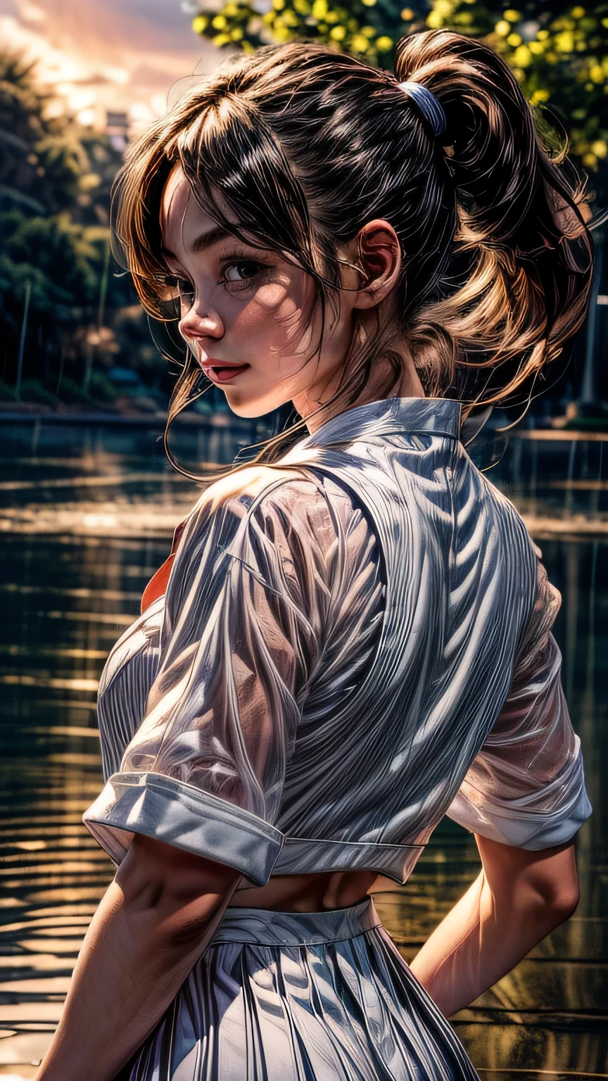 One girl, high school girl、(((リボン付きSailor suit))), Summer clothes、Wet and transparent、((Navy pleated ocks、loafers、ponytail、school bag)、My belly is visible through my clothes、cute, wonderful, Beautiful attention to detail, Iris, Black Hair, In detail, Depth of written boundary, Highly detailed CG, original, Highly detailed wallpaper, View your viewers, Detailed face, Cleavage, (Big Tits, Hard nipples)、Toned Abs, White skin, Realistic、(Cinema Lighting)、Detail emphasis, Beautiful lighting、(((Sailor suit))), Summer clothes、Wet and transparent, ((In the park after the rain))、Summer sunset、Realistic park、masterpiece, 最high quality, high quality, High resolution、 ((smile)), smileで、((Upper body portrait))), ((View from behind))、