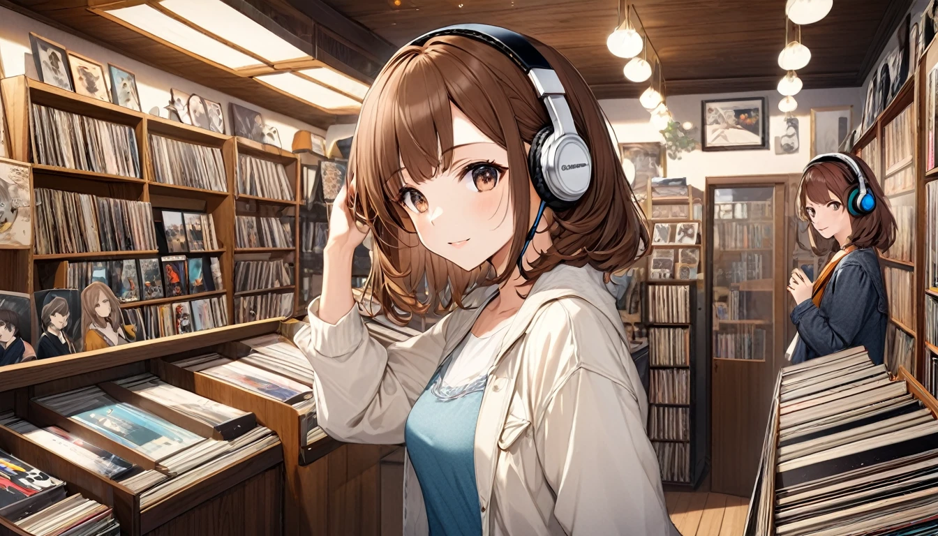 Brown-haired girl wearing headphones、Vintage Record Shop Highly Detailed、masterpiece, Highest quality, Light background:The interior look of a retro record shop:Costumes of people happily searching for records:Casual music fan style pose:Standing in front of a record shelf:A warm atmosphere with music playing
(Detailed fingers), (Emotional), (Breathtakingly beautiful), (main part:1.2 Whole body), (Anime Style), (Very detailed), (超High resolution, High resolution), (8k), (Complex and beautiful: 1.2)