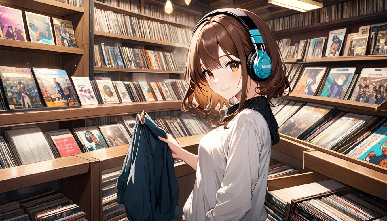 Brown-haired girl wearing headphones、Vintage Record Shop Highly Detailed、masterpiece, Highest quality, Light background:The interior look of a retro record shop:Costumes of people happily searching for records:Casual music fan style pose:Standing in front of a record shelf:A warm atmosphere with music playing
(Detailed fingers), (Emotional), (Breathtakingly beautiful), (main part:1.2 Whole body), (Anime Style), (Very detailed), (超High resolution, High resolution), (8k), (Complex and beautiful: 1.2)