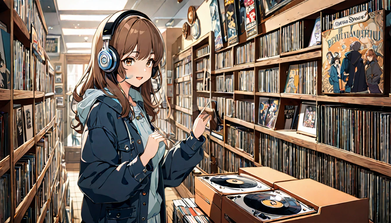 Brown-haired girl wearing headphones、Vintage Record Shop Highly Detailed、masterpiece, Highest quality, Light background：The interior look of a retro record shop：Costumes of people happily searching for records：Casual music fan style pose：Standing in front of a record shelf：A warm atmosphere with music playing
(Detailed fingers), (Emotional), (Breathtakingly beautiful), (main part:1.2 Whole body), (Anime Style), (Very detailed), (超High resolution, High resolution), (8k), (Complex and beautiful: 1.2)
