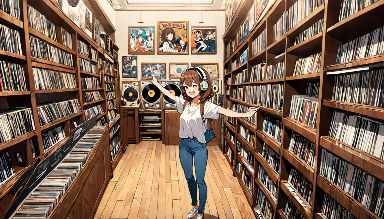 Brown-haired girl wearing headphones、Vintage Record Shop Highly Detailed、masterpiece, Highest quality, Light background：The interior look of a retro record shop：Costumes of people happily searching for records：Casual music fan style pose：Standing in front of a record shelf：A warm atmosphere with music playing
(Detailed fingers), (Emotional), (Breathtakingly beautiful), (main part:1.2 Whole body), (Anime Style), (Very detailed), (超High resolution, High resolution), (8k), (Complex and beautiful: 1.2)
