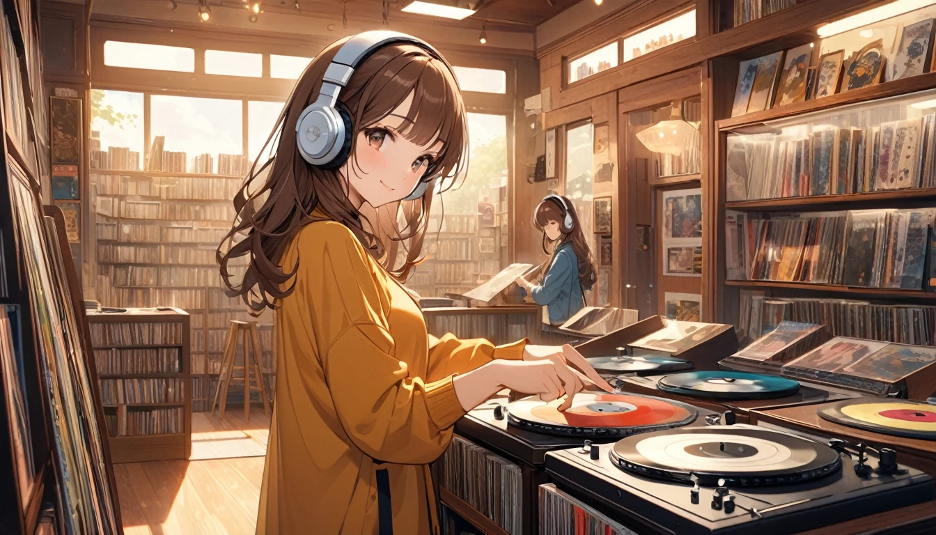 Brown-haired girl wearing headphones、Vintage Record Shop Highly Detailed、masterpiece, Highest quality, Light background：The interior look of a retro record shop：Costumes of people happily searching for records：Casual music fan style pose：Standing in front of a record shelf：A warm atmosphere with music playing
(Detailed fingers), (Emotional), (Breathtakingly beautiful), (main part:1.2 Whole body), (Anime Style), (Very detailed), (超High resolution, High resolution), (8k), (Complex and beautiful: 1.2)
