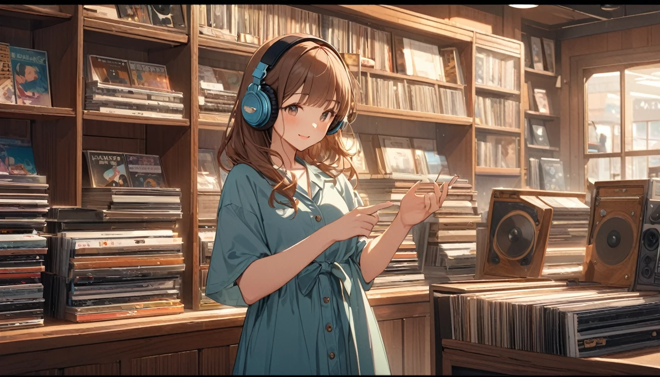 Brown-haired girl wearing headphones、Vintage Record Shop Highly Detailed、masterpiece, Highest quality, Light background:The interior look of a retro record shop:Costumes of people happily searching for records:Casual music fan style pose:Standing in front of a record shelf:A warm atmosphere with music playing
(Detailed fingers), (Emotional), (Breathtakingly beautiful), (main part:1.2 Whole body), (Anime Style), (Very detailed), (超High resolution, High resolution), (8k), (Complex and beautiful: 1.2)