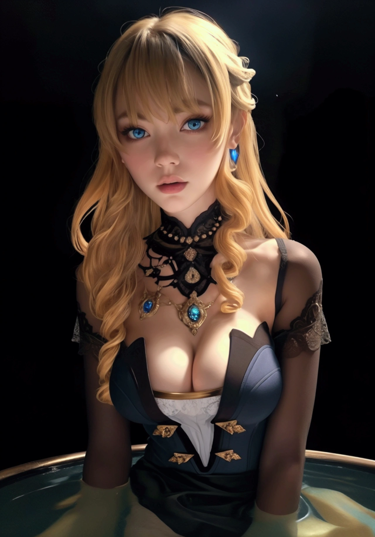 ((NAVIA GENSHIN IMPACT)), 8k, HD, masterpiece, Very precise, anatomically correct, textured skin, Very detailed, High details, high quality, Awarded many times, Best Quality, ((ultra realistic)), ((Whole body)), ((full shot)), big breasts, female masturbation, jet, open legs, SEX, seductive face, very transparent mesh lingerie, bare breasts, Black background, lotus flowers glowing in the dark over a crystal clear lake, (hindu face), with Navia dress, blonde, golden hair, perfectly matching blue eyes