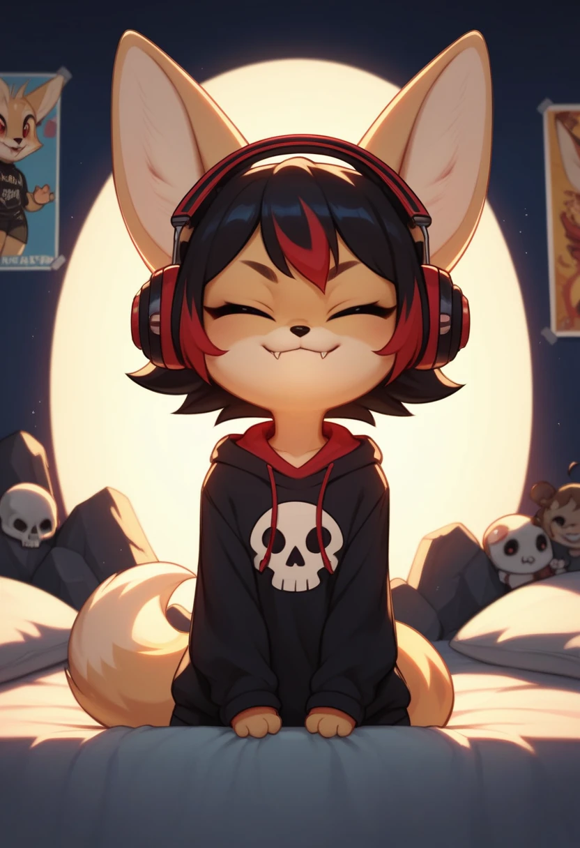 Fennec fox, cute girl, kid, chibi, 4 fingers, short hair, black hair with red highlights, red eyes, fangs, headphones, listening songs, closed eyes, smirk, distracted, in the bedroom, in the bed, black walls, rock posters, skull posters, night, low lighting, alone