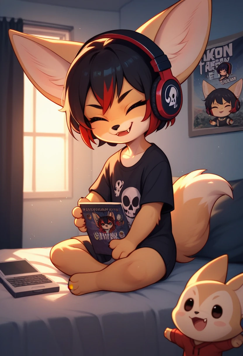 Fennec fox, cute girl, kid, chibi, 4 fingers, short hair, black hair with red highlights, red eyes, fangs, headphones, listening songs, closed eyes, smirk, distracted, in the bedroom, in the bed, black walls, rock posters, skull posters, night, low lighting, alone