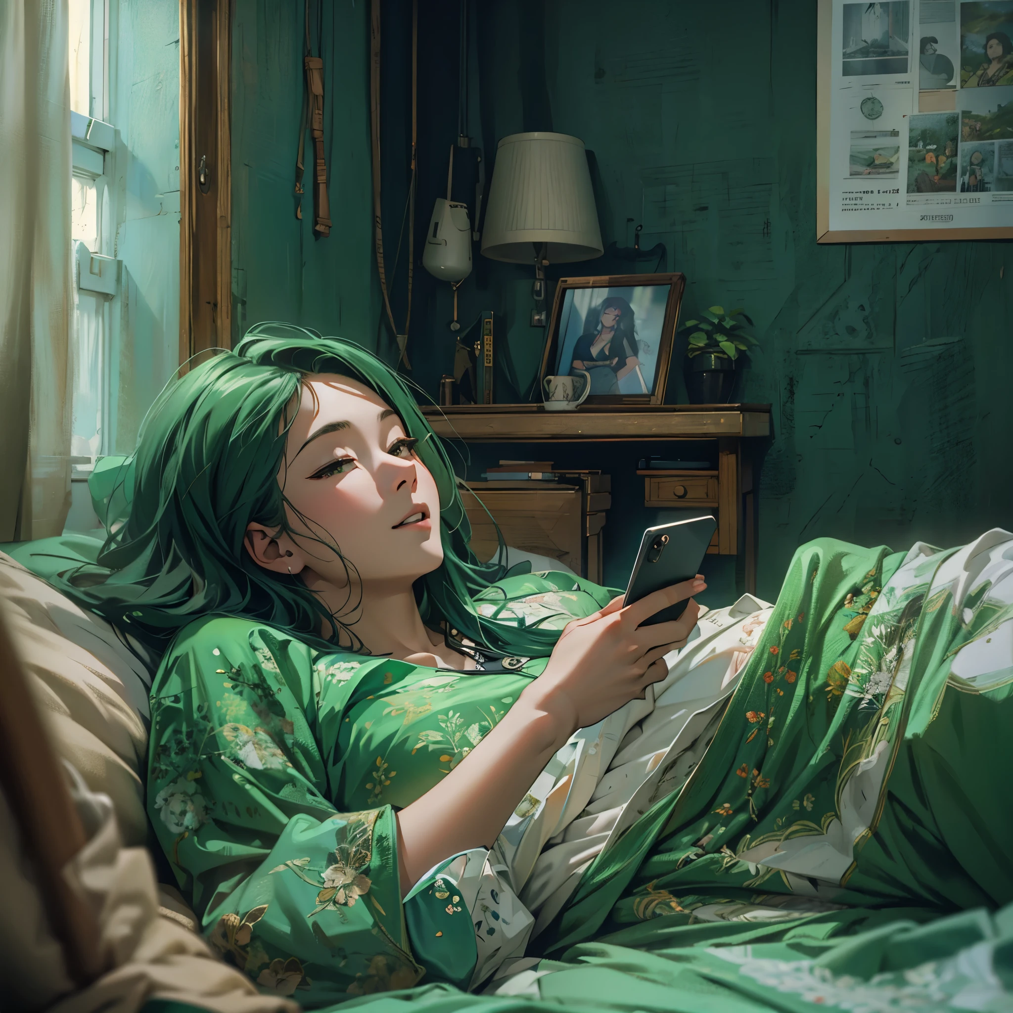 Imagine an MBTI intermediary、A woman wearing green clothes lying on her bed in her room looking at her smartphone。Making me feel lazy and lazy。
