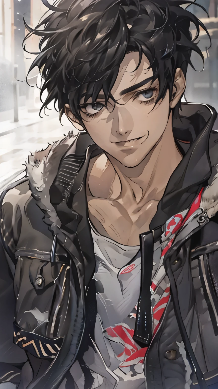 male、Tank top、Wearing a jacket and black trousers、Ragged black hair、Sloppy、solo、(Stubble)、smile、24-years-old、