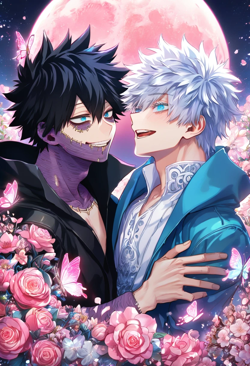 absurdres, highres, ultra detailed, HDR, master piece, best quality, extremely detailed face, delicated features, Dabi, black hair, expressive turquoise eyes, Boku No Hero Academia, Gojou Satoru, white hair, expressive blue eyes, white eyelashes, two sexy men together, yaoi, gay couple, handsome, smiling, light-blue jacket with fur, black coat, fantasy, fantasy, magical, radiant, pink butterflies, pink flowers, night sky, shinning pink moon, blossoms