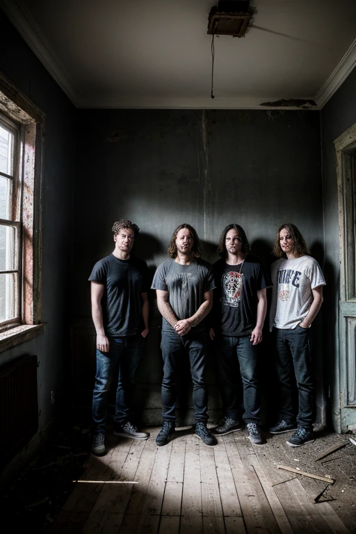 (8k, raw photo, ultra detailed, masterpiece), interior of an abandoned house, angry, Violent, Competence, Negotiation, cinematic lighting, shooting with wide angle lens, dark background, bluish gray tone, low key, group photo of 5 men of grunge rock band, 5 man side by side, grunge rock band promotional, 5 members (vocalist, 2 guitar, 1 bass, 1 battery) 