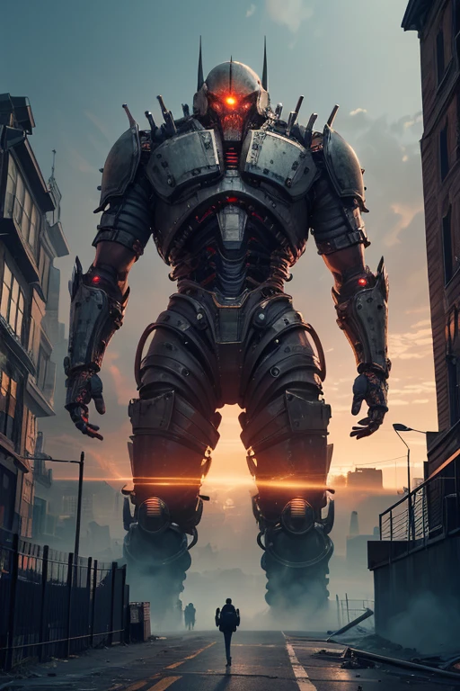 Mechanical Giant Humanoid monster, gears, wires, metal plating, clock gears, electric wires, anamatronic giant skeletal monster, in the middle of the city, masterpiece,Highest quality,8k,High resolution, Fantastic,scary,horrific, Steam smoke, oil dripping, red light eyes, copper tubing, photorealistic, 8k, high resolution,