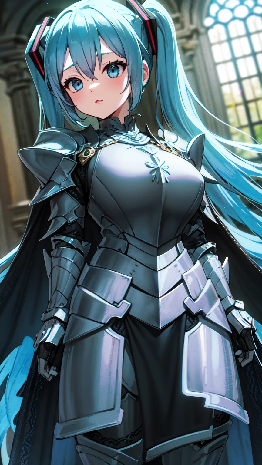 masterpiece, Highest quality, 8K Hatsune Miku VOCALOID, Light blue hair、Light blue eyes、 1 Female, Big Breasts, Equip Cloak, ((Dragon Armor)), {{Full Armor}}, ((knight armor)), black tights, church