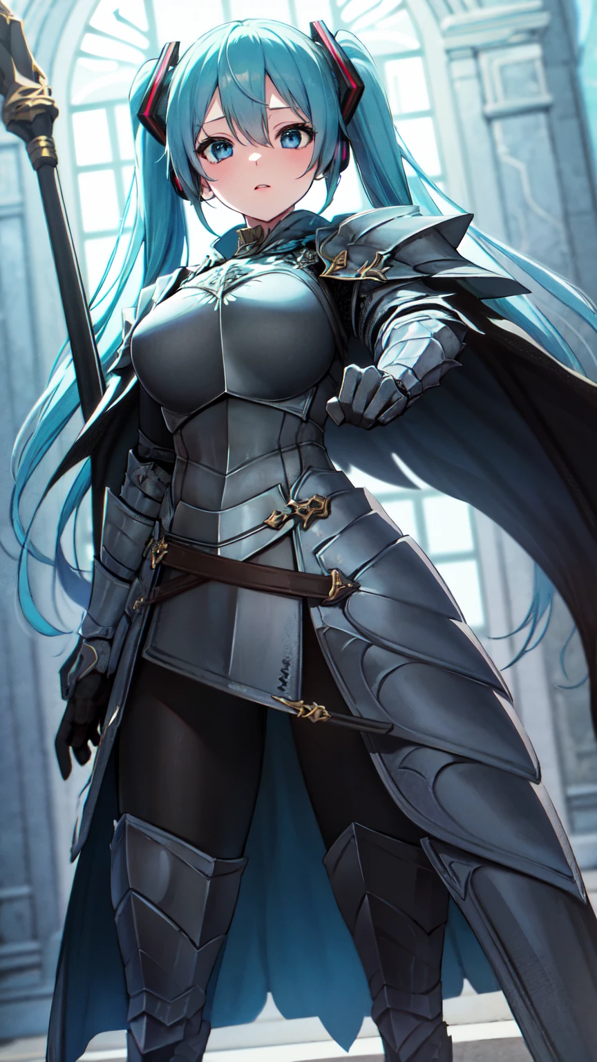 masterpiece, Highest quality, 8K Hatsune Miku VOCALOID, Light blue hair、Light blue eyes、 1 Female, Big Breasts, Equip Cloak, ((Dragon Armor)), {{Full Armor}}, ((knight armor)), black tights, church