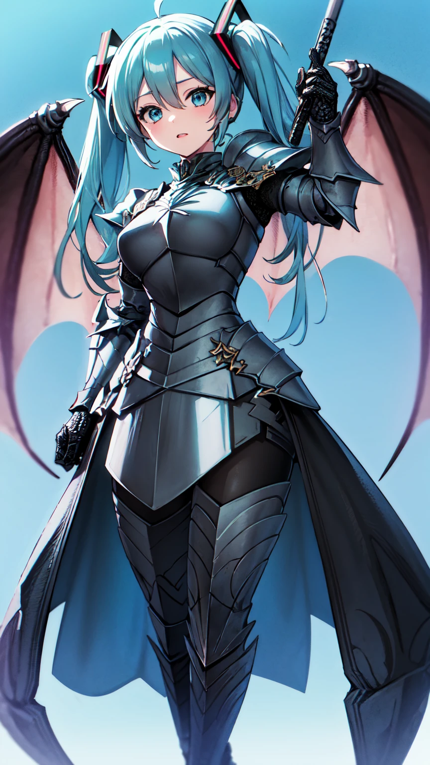 masterpiece, Highest quality, 8K Hatsune Miku VOCALOID, Light blue hair、Light blue eyes、 1 Female, Big Breasts, Equip Cloak, ((Dragon Armor)), {{Full Armor}}, ((knight armor)), black tights, church