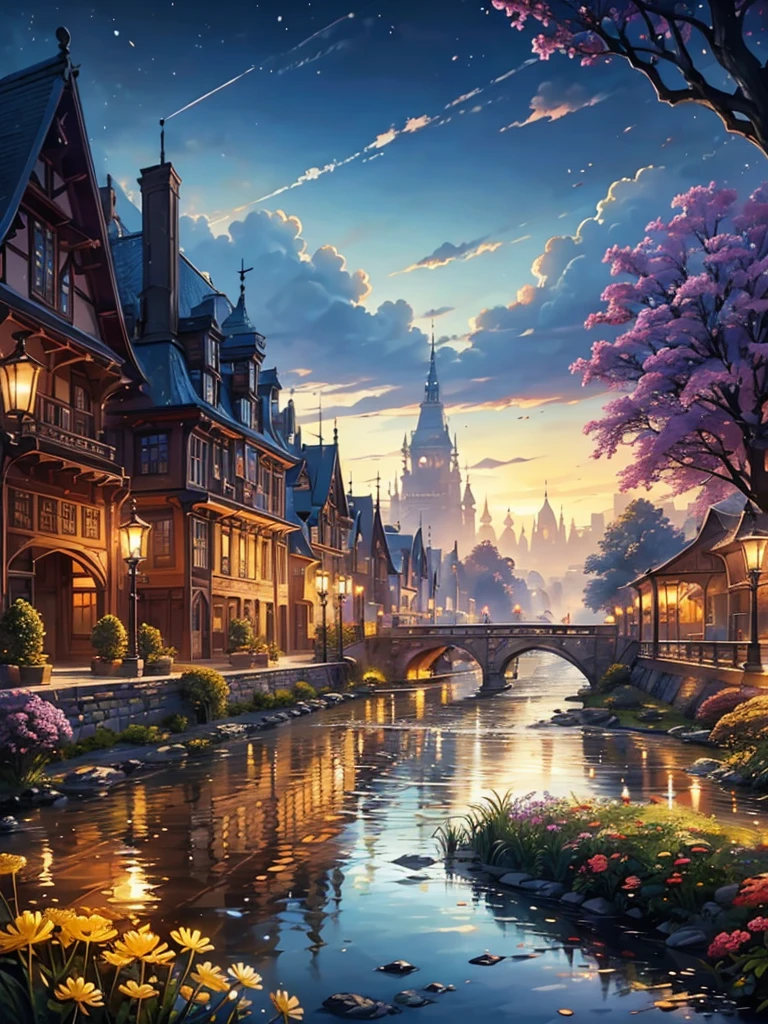 masterpiece, 8k,16K,CG Rendering, Very detailed, Detailed Background, (antique photo scenery :1,2), (medieval cityscape :1,3), (watercolor :1,3), river, bridge, Bright light, (light shining:1,4), Bokeh,(Dandelion), (Soft :1,3), (rich and colorful :1,3), (enthusiastic :1,3)