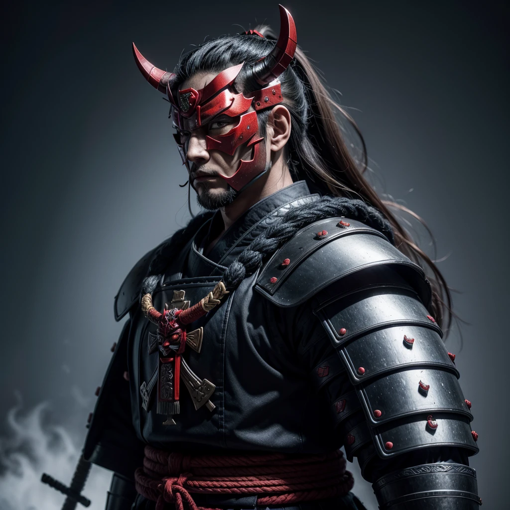 Samurai man with armor and demon mask