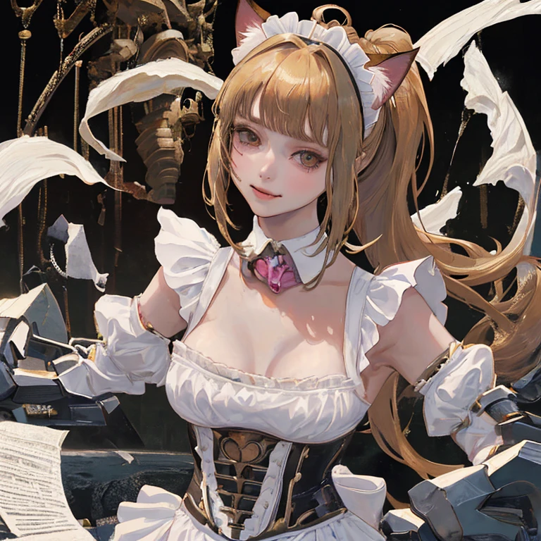 High resolution, Exposed breasts, bangs, Blonde, Brown Hair, ponytail, Cat ear, Maid Head Accessories, Dutch Angle, Anatomically correct, Highest quality, High resolution, masterpiece, accurate, High detail, Ultra high definition, Bangs, smile, Character portrait, Setting diagram, Sportswear, Mecha Armament,