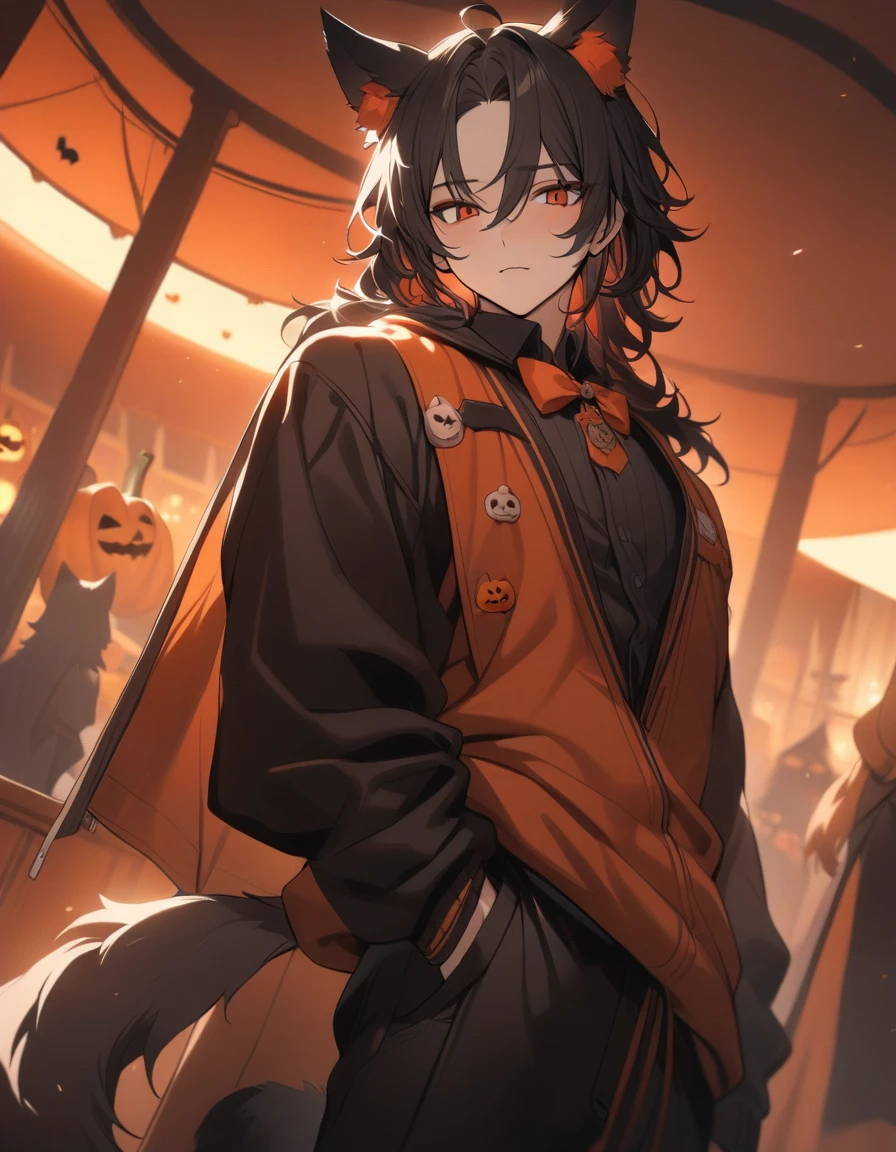 1male, (perfect quality), ultra-detailed, reddish amber eyes, longer dark black hair with reddish streaks, wolf ears, wolf tail, late s, Halloween prop in hand, cinematic angle, dark, Halloween decorated university background, masterpiece, best quality