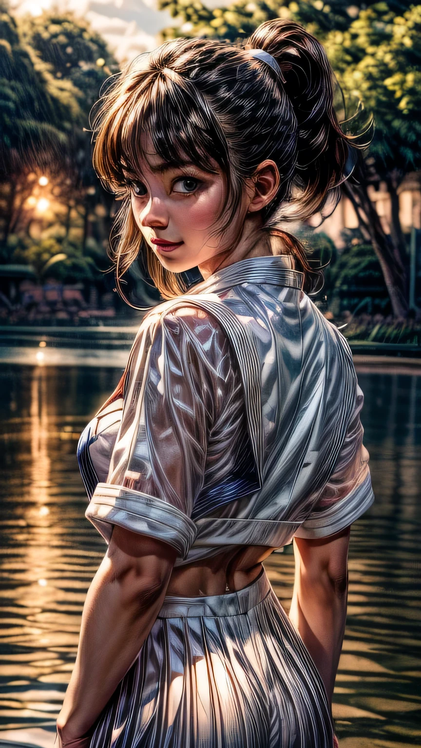 One girl, high school girl、(((リボン付きSailor suit))), Summer clothes、Wet and transparent、((Navy pleated ocks、loafers、ponytail、school bag)、My belly is visible through my clothes、cute, wonderful, Beautiful attention to detail, Iris, Black Hair, In detail, Depth of written boundary, Highly detailed CG, original, Highly detailed wallpaper, View your viewers, Detailed face, Cleavage, (Big Tits, Hard nipples)、Toned Abs, White skin, Realistic、(Cinema Lighting)、Detail emphasis, Beautiful lighting、(((Sailor suit))), Summer clothes、Wet and transparent, ((In the park after the rain))、Summer sunset、Realistic park、masterpiece, 最high quality, high quality, High resolution、 ((smile)), smileで、((Upper body portrait))), ((View from behind))、