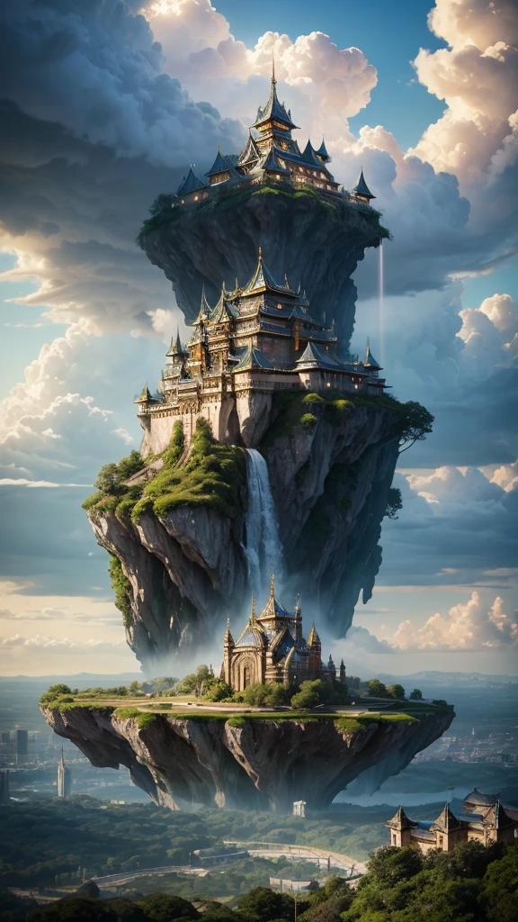 Majestic floating castle inspired by Laputa, emerging from massive cumulonimbus clouds over modern Tokyo skyline, bright daylight, clear blue sky, hyper-realistic, awe-inspiring, ancient meets futuristic architecture, intricate details, hanging gardens, waterfalls cascading from the island, faint energy field surrounding the structure, scale-breaking size dwarfing Tokyo skyscrapers, subtle glow from the castle, rays of sunlight breaking through clouds, ultra-high definition, photorealistic textures, atmospheric perspective, Golden Hour lighting