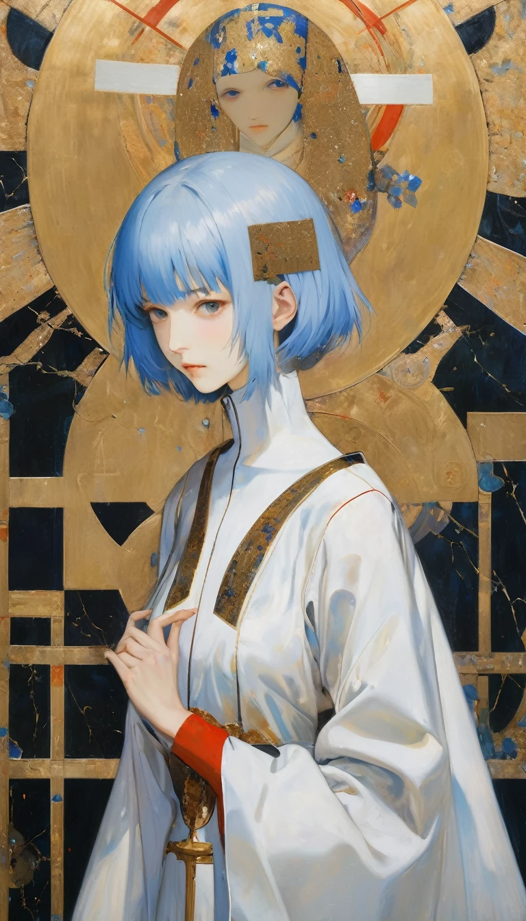 (orthodox painting, white latex jumpsuit clothing,blue short hair, Rei Ayanami \(Neon genesis evangelion)\, saint,sacred painting,showing two fingers, beauty detailed face,relief expression,((painting by Simone Martini and gustav klimt,gothic art, sienese school)), ((high quality:1.2, masterpiece:1.2))